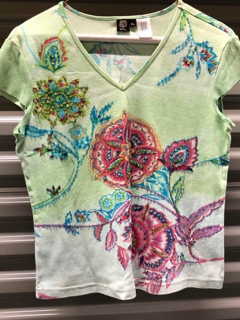 Bila Mint Floral V-Neck Embroidered & Beaded Top - Picture 1 of 5